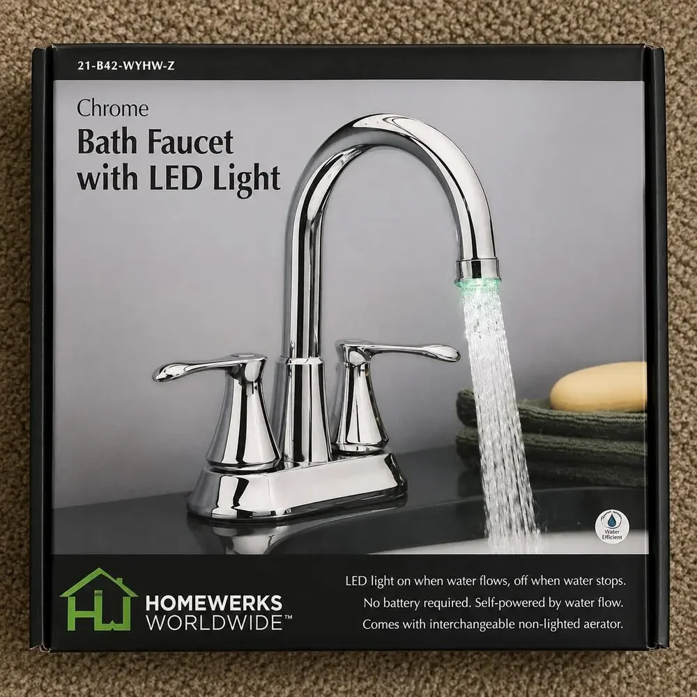 Homewerks Chrome Bathroom Faucet with LED Light New Open Box